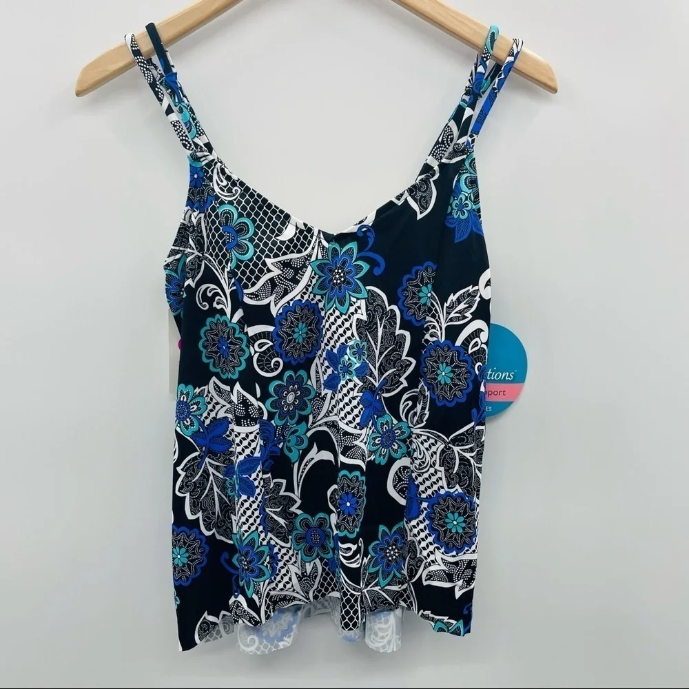 Swim Solutions Womens Size 8 Princess-Seam High-Low Tankini Top Black Floral 407